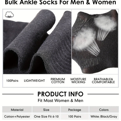 Bulk Moisture-Wicking Ankle Socks 100 Pairs Unisex Men Women Casual Sports Gym Socks Black White Gray One Size Fits Most