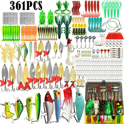 Fishing Lures Kit 361pcs with Tackle Box - Minnow, Spoon, Frog, Soft Worm, Jig Head & Spinner Baits Set for Saltwater & Freshwater Bass, Trout & Pike Fishing