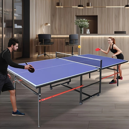Foldable Ping Pong Table 8ft with Net, 2 Paddles & 2 Balls – Regulation Size Table Tennis Table, Fold-Up Design with 4 Wheels for Easy Storage, Indoor Outdoor Use, Blue
