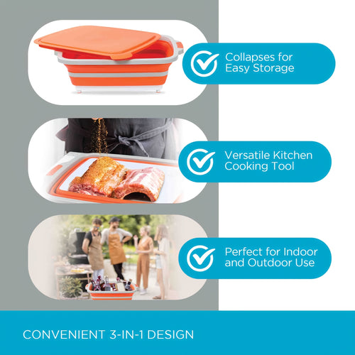 Collapsible BBQ Prep Caddy with Cutting Board & Lid - 3-in-1 Foldable Grill Preparation Tub, Food-Safe Plastic, Washing Basket & Marination Container - Orange