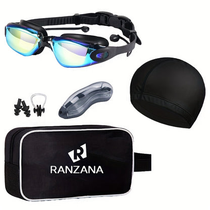 Swim Goggles Set 6pcs – Iridescent Coated PC Lens, UV Protection, Waterproof PU Swim Cap, Nose Clip, Earplugs, Case & Storage Bag for Adult Racing Swimming
