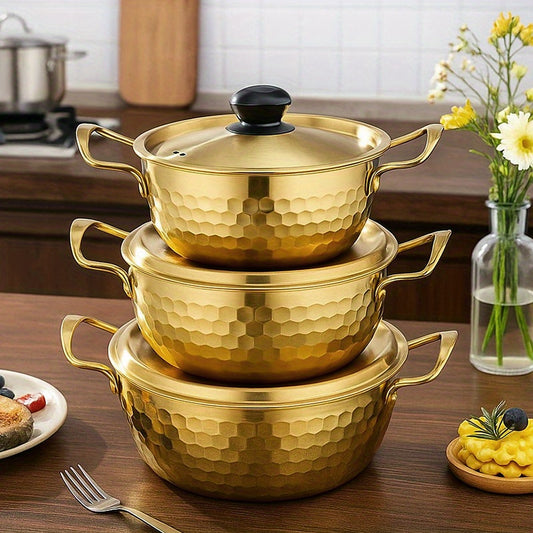 3-Piece Golden Stainless Steel Ramen Pot Set with Lids – Non-Stick Dishwasher Safe Cookware for Noodles Soups Curries – Textured Surface Pots for Home Camping Outdoor Parties Picnics