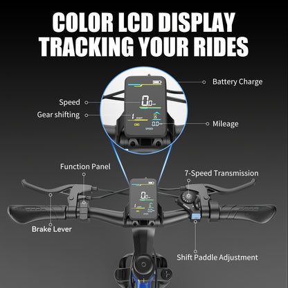Electric Mountain Bike F26 749W Off-Road Ebike – 26" Tire 55-Mile Range 48V 10.5Ah Removable Battery, 27.9 MPH Top Speed, 7-Speed Disc Brake Beach Cruiser Electric Bicycle for Adults