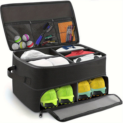Golf Organizer Storage Box with Compartments and Mesh Pockets Durable Golf Accessory Case for Golf Balls Shoes Gloves Tees and Essentials