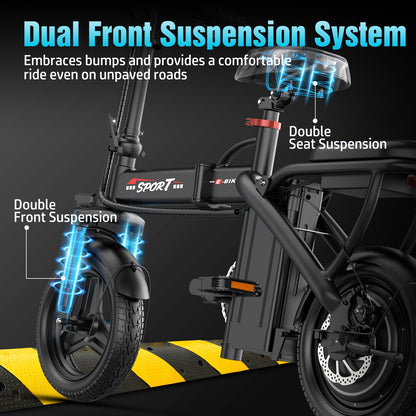Commuter Electric Bike 14 Inch Folding E-Bike 650W Peak Motor 48V 10Ah Battery 25MPH 25-Mile Range Lightweight Mini Electric Bicycle for Adults