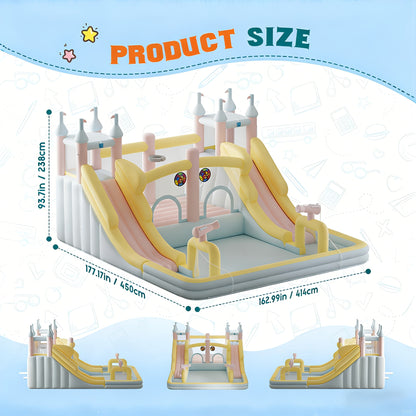 Inflatable Bounce House with Slide, Climbing Wall, Water Pool & Basketball Hoop – Large Outdoor Backyard Bouncer for Kids & Teens | 4 Sizes 10×7.8FT to 15×14.4FT | Wet or Dry Use | Macaron Colors