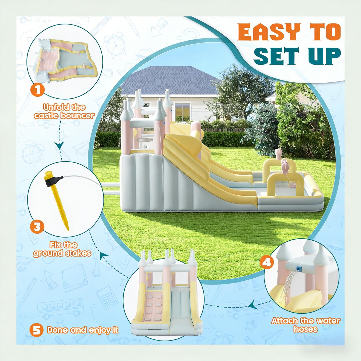Inflatable Bounce House with Slide, Climbing Wall, Water Pool & Basketball Hoop – Large Outdoor Backyard Bouncer for Kids & Teens | 4 Sizes 10×7.8FT to 15×14.4FT | Wet or Dry Use | Macaron Colors