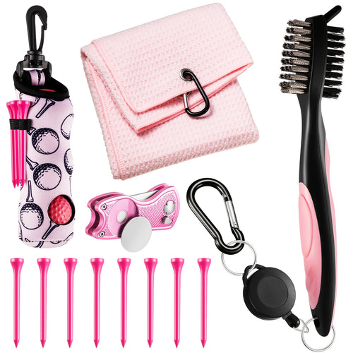 Golf Accessories Gift Set 12-Piece Pink – Includes Tees, Towel, Ball Bag with Hook, Cleaning Brush & Divot Tool with Magnetic Ball Marker, Perfect Golf Gift for Men & Women Golfers