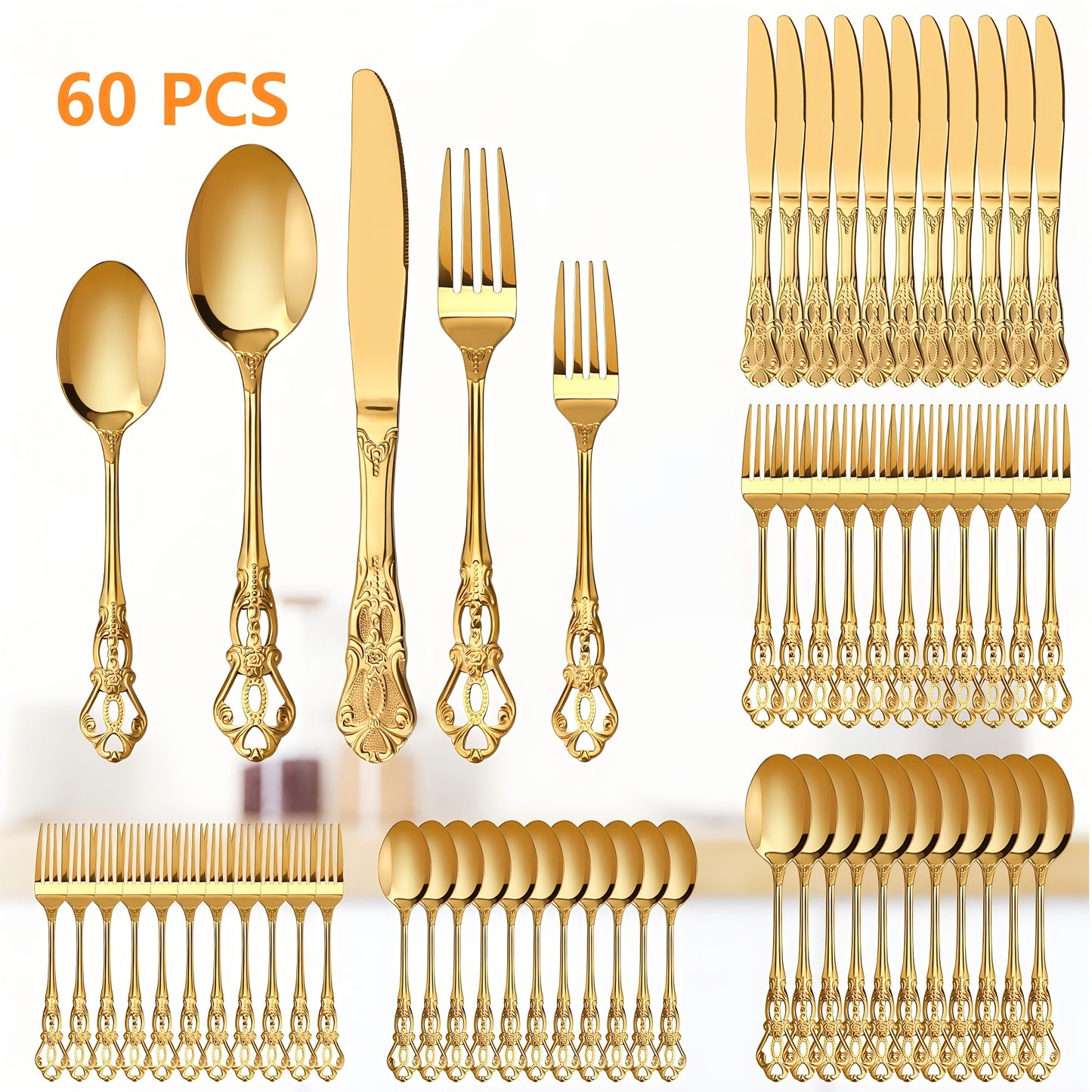 Stainless Steel Flatware Set – Vintage Royal Golden & Silver Silverware Set for 6, Rust-Resistant Dishwasher Safe Cutlery with Forks, Spoons & Knives – Available in 30 / 48 / 60 / 84 Piece Sets