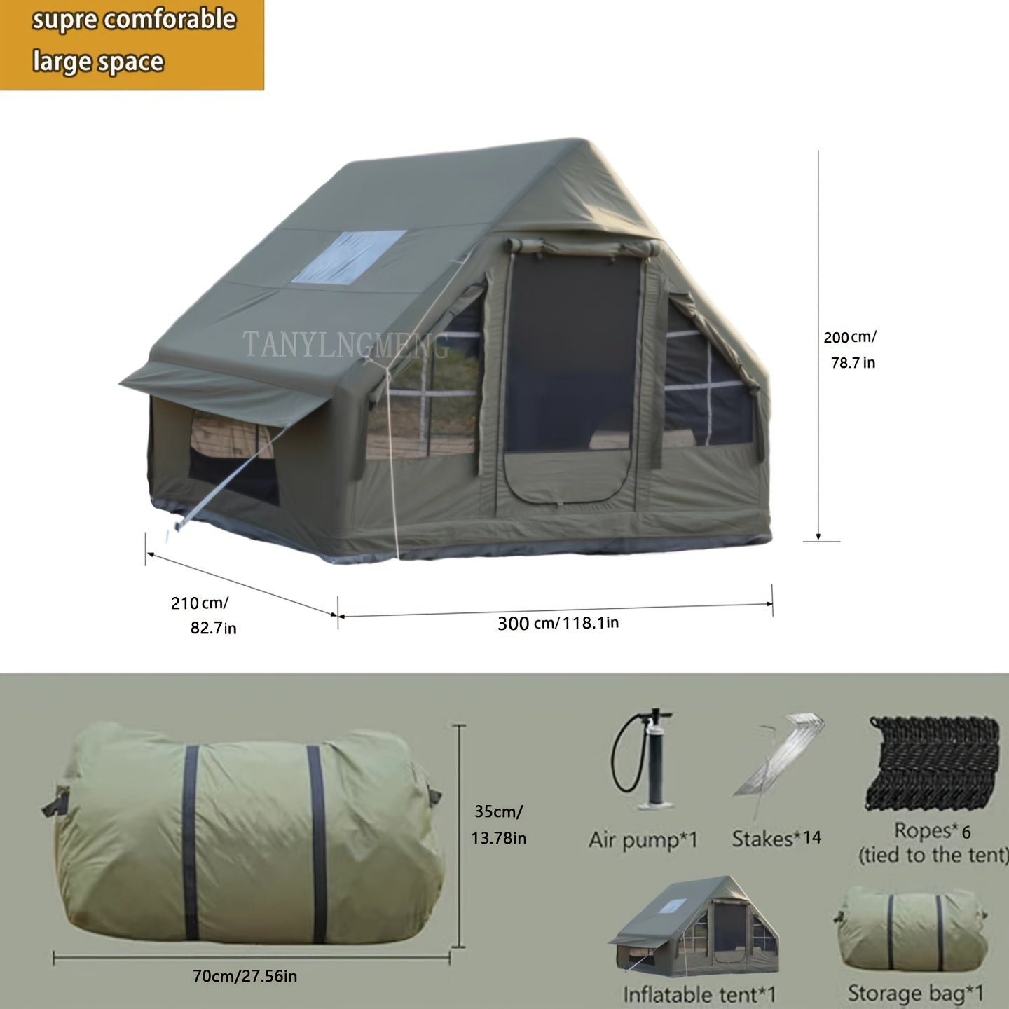 Inflatable Camping Tent 4 Person – Army Green, Double Doors & Windows, Portable Foldable Easy Setup – Large Outdoor Tent for Camping, Picnic, BBQ & Leisure, 118"x83"x83"