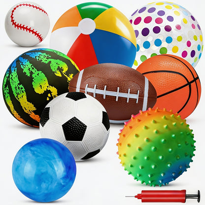 Kids Playground Balls Set 9 Pack with Air Pump – Inflatable Assorted Sports Balls for Outdoor & Indoor Play | Soccer, Basketball, Football, Baseball, Spiky Sensory & Bouncy Balls | Pool Beach Party Favors