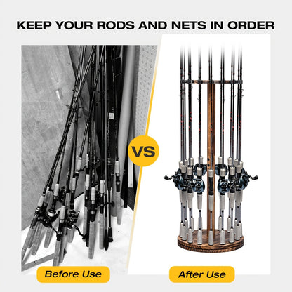 Fishing Rod Rack Holds 16 Rods - Circular Wooden Pole Holder with 360° Rotating Base Option - Space-Saving Wall-Free Fishing Rod Organizer for Garage, Basement & Home Storage