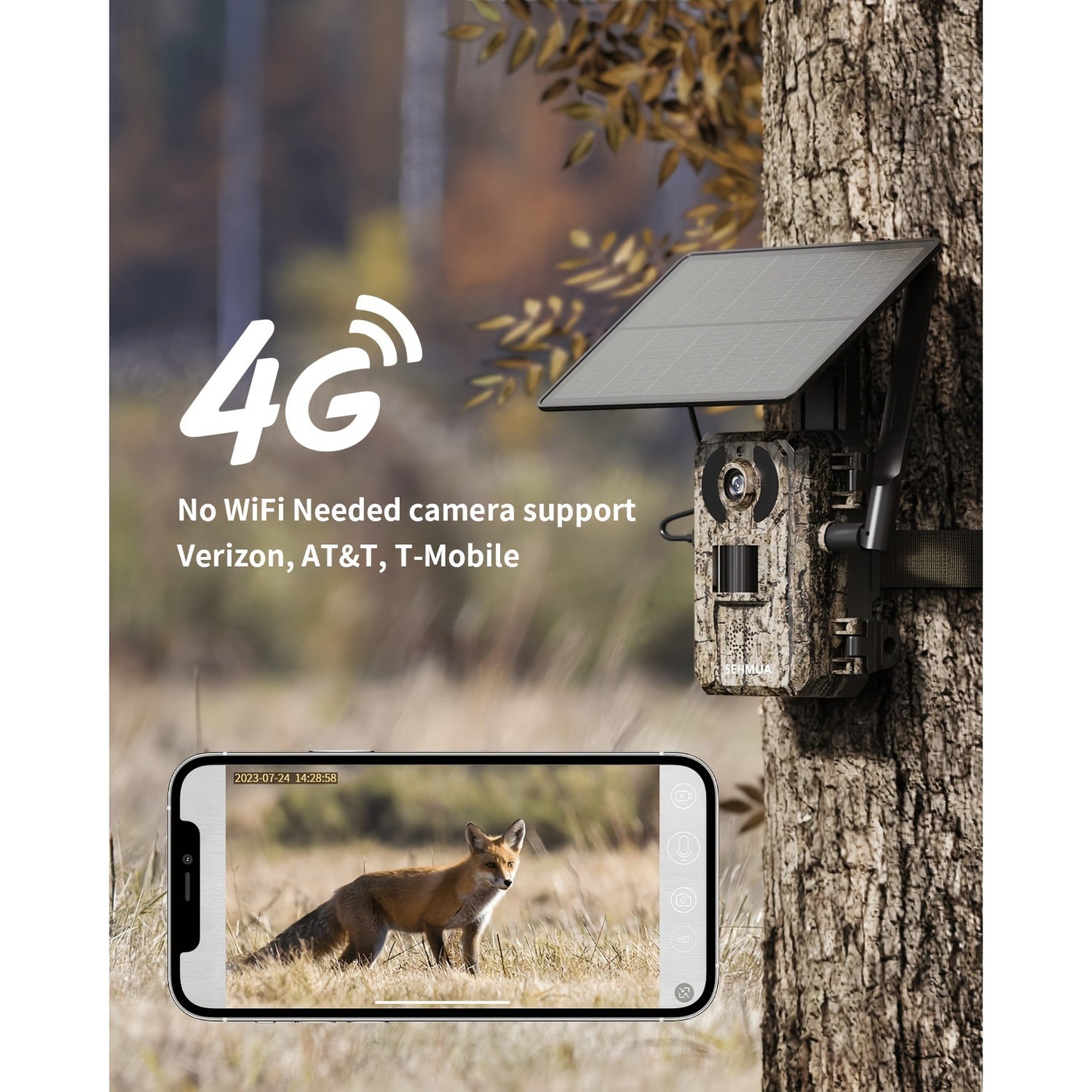 Solar Powered Trail Camera 4K Cellular - 4G LTE No WiFi, 0.2s Trigger, 82ft Night Vision, 120° Wide Angle, Built-in SIM Card for Hunting & Wildlife