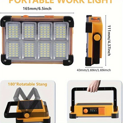 Solar Rechargeable LED Floodlight Flashlight, IP44 Waterproof 4500 Lumens Ultra-Bright Portable Camp Light, USB & Solar Dual Charging 2200mAh, 4 Modes Indoor Outdoor Lighting for Camping, Fishing & Car Maintenance