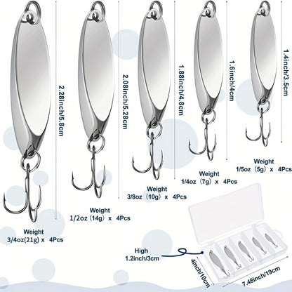 Metal Spoon Fishing Lure Heavy-Duty Holographic – 5 Sizes 1/5 to 3/4oz Saltwater & Freshwater Spinnerbait with Treble Hooks for Salmon, Trout, Bass, Pike, Tuna & Mackerel – Hard Casting Spoon