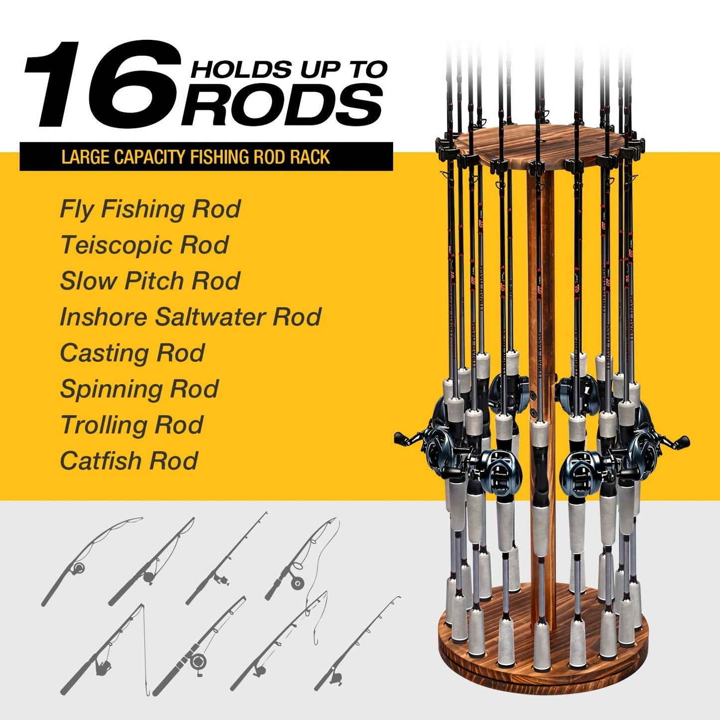 Wooden Fishing Rod Rack 360 Degree Rotating Circular Holds 16 Rods Space Saving Fishing Pole Organizer for Garage Home Storage