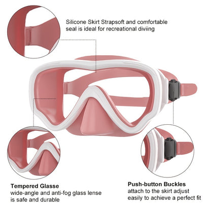 Panoramic HD Diving Mask Anti-Fog Tempered Glass Snorkel Mask with Nose Cover for Adults Youth Scuba Diving Snorkeling Swimming Pink Blue Black