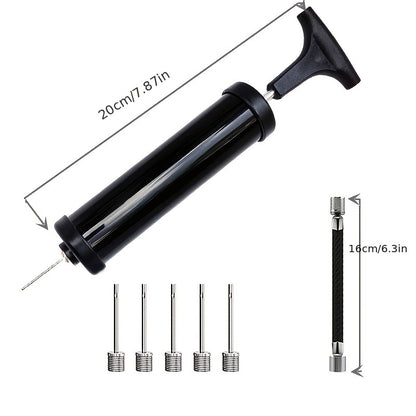 Portable Ball Pump Kit 8 Inch – Manual Air Pump with 5 Needles, Nozzle & Extension Hose for Basketball, Soccer, Football, Volleyball & Rugby – Compact Sports Ball Inflator, Black