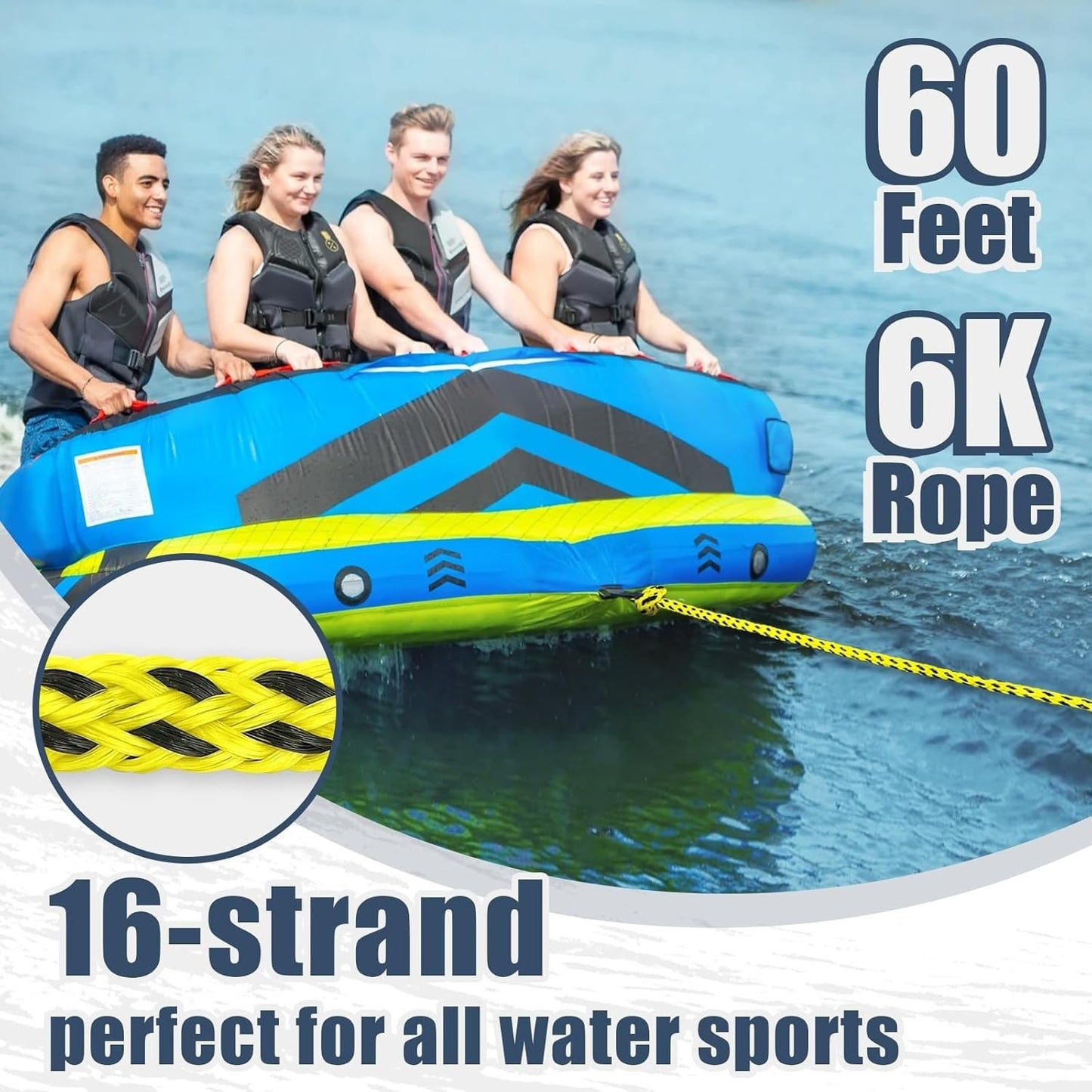 Floating Tow Rope 60ft for Towable Tubes, 2000 lbs, Green Blue