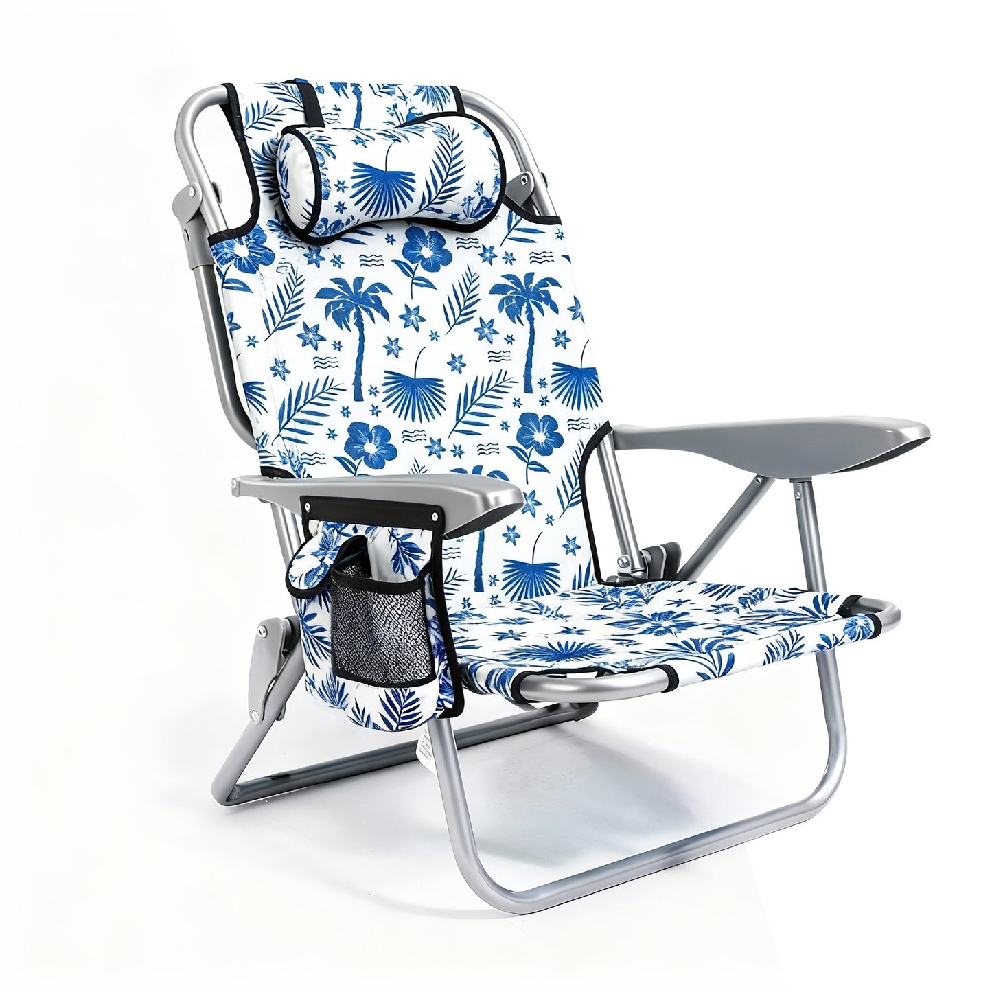 Folding Beach Chair Lay Flat Camping Chair for Adults 4 Position Adjustable Backpack Chair with Cup Holder Towel Bar Cooler Pouch Lightweight Portable Outdoor Lounge Chair