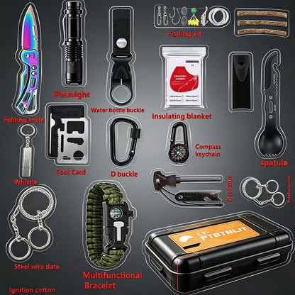 Outdoor Survival Kit 12-115 Piece – Emergency Gear Set for Camping, Hiking & Survival, Multi-Tool Equipment for Men, Dad, Husband – Unique Outdoor Gift Idea