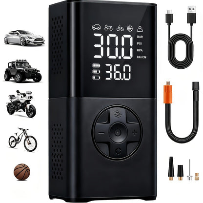 Portable Wireless Tire Inflator Air Compressor Digital Display Fast Pump Lithium Battery for Car Motorcycle Bike Emergency Inflation with Nozzle Adapters