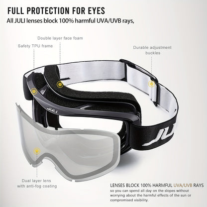 OTG Ski Goggles Double Layer Lens VLT12% – Over-the-Glasses Snow Goggles for Men, Women & Teens, Anti-Fog UV Protection for Alpine Skiing, Snowboarding, Skating & Snowmobile, Black/Silver