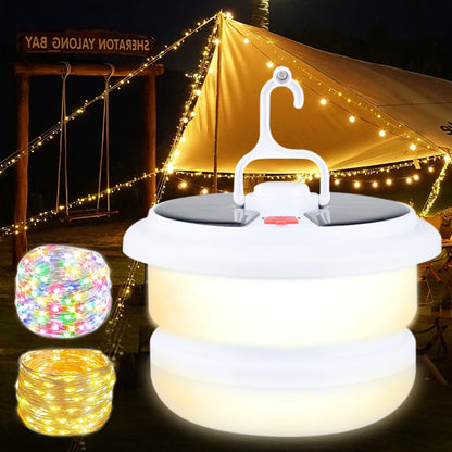 Solar Camping Lantern with Retractable String Lights – 2-in-1 LED Tent Light, 6 Modes, USB-C & Solar Rechargeable, Hand Crank, 10M String Lights, Portable Outdoor Camping Light for Camping, Patio & Emergency