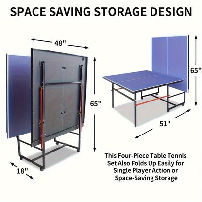 Foldable Ping Pong Table 8ft with Net, 2 Paddles & 2 Balls – Regulation Size Table Tennis Table, Fold-Up Design with 4 Wheels for Easy Storage, Indoor Outdoor Use, Blue