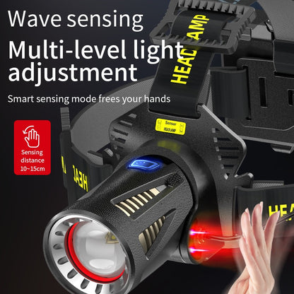 XHP360 Rechargeable Headlamp 3 Modes Sensor 90° Tilt Power Bank Type-C 3x18650 Zoomable Head Torch for Fishing Camping Hiking