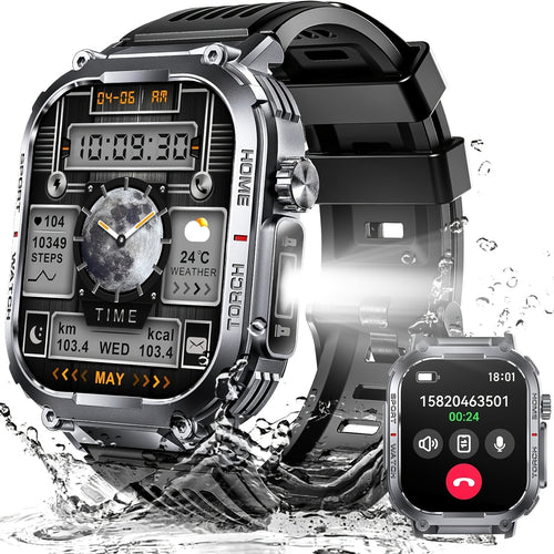 Smart Watch for Men with Call Function, IP68 Waterproof Outdoor Smartwatch 2.02" LED Flashlight, 400mAh Battery, Compass Pedometer Calorie Pressure Monitor Fitness Tracker for iPhone Android