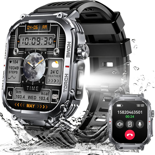 Smart Watch for Men with Call Function, IP68 Waterproof Outdoor Smartwatch 2.02" LED Flashlight, 400mAh Battery, Compass Pedometer Calorie Pressure Monitor Fitness Tracker for iPhone Android