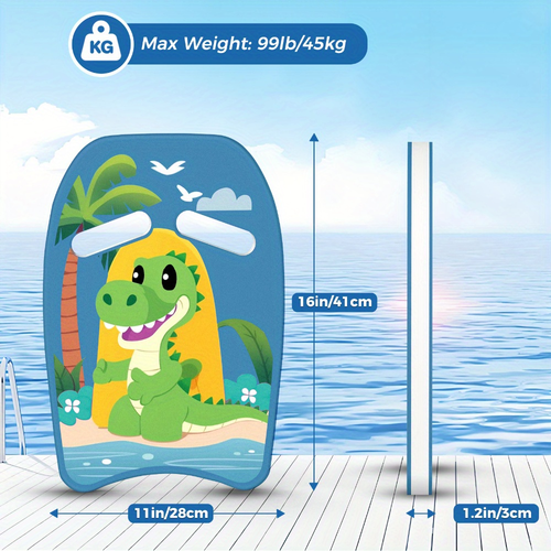 Kids Swimming Kickboard – Cute Dinosaur Cartoon Design, Blue Buoyant Foam Pool Training Aid for Toddlers Children, Stroke Development Water Safety Swim Board