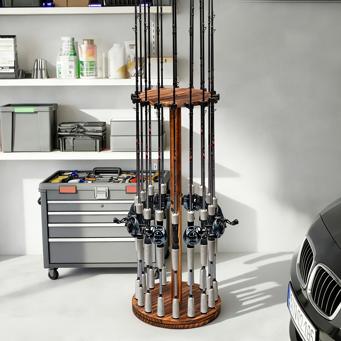 Wooden Fishing Rod Rack 360 Degree Rotating Circular Holds 16 Rods Space Saving Fishing Pole Organizer for Garage Home Storage