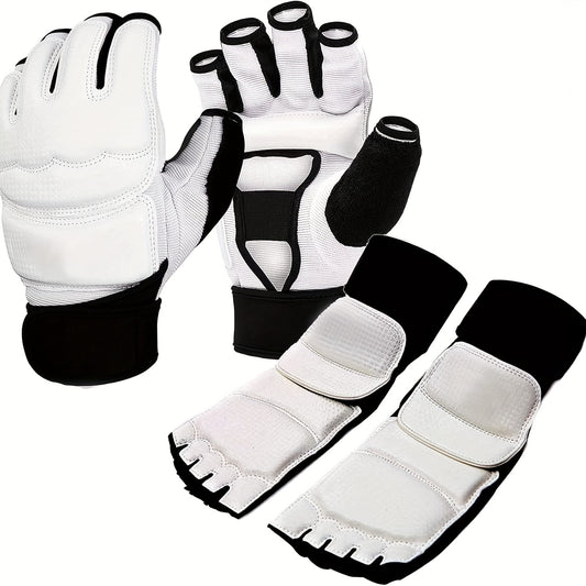 Taekwondo Sparring Gear Set Half Finger Gloves Hand & Foot Protectors with Wrist Wraps & Ankle Support for Boxing Kickboxing Men Women