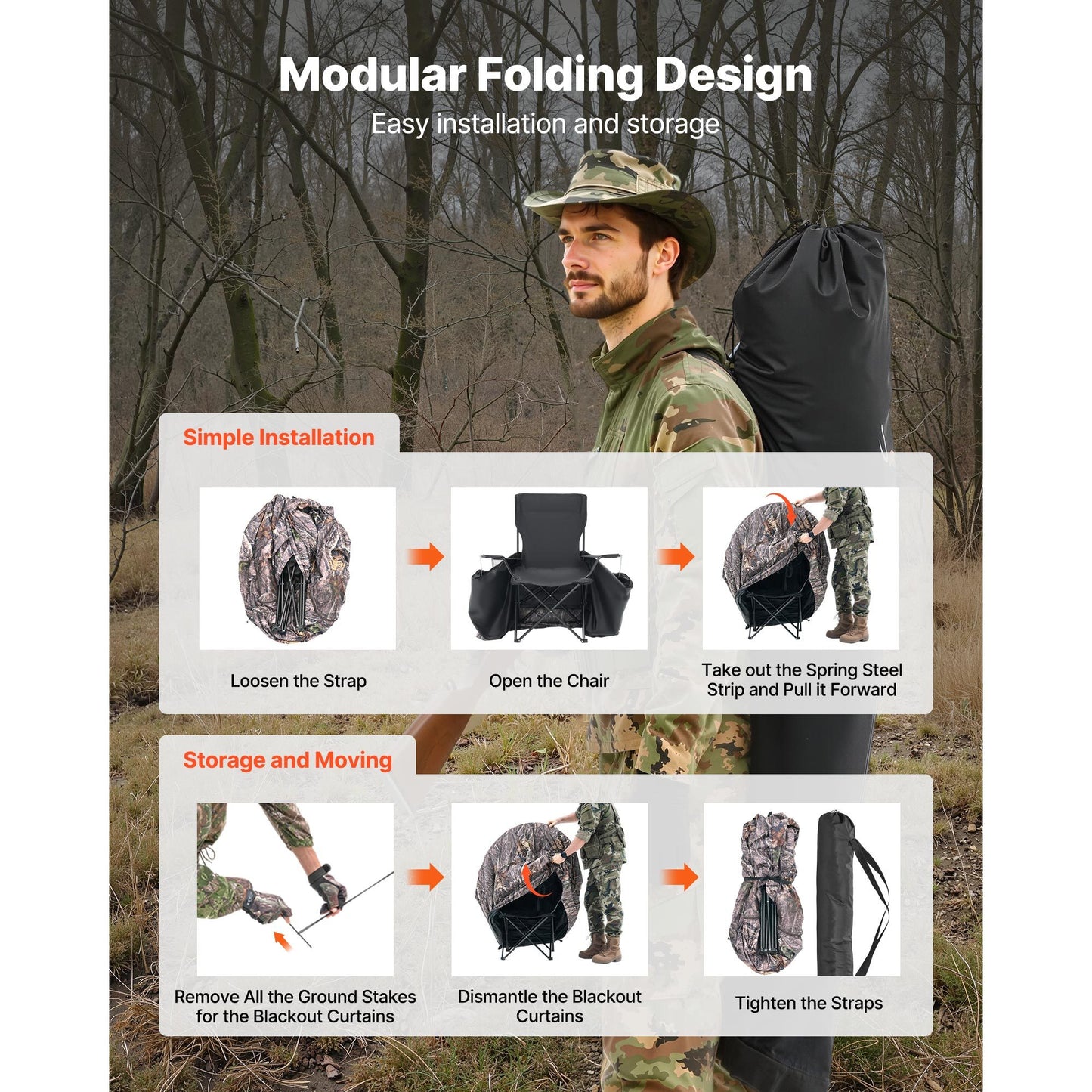 Hunting Blind Ground Blind for Deer Duck Turkey Hunting Single Person Pop Up Blind with Carrying Bag 44x36x53 In Camouflage Waterproof 150D Fabric Silent Half-Zipper Door