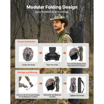 Hunting Blind Ground Blind for Deer Duck Turkey Hunting Single Person Pop Up Blind with Carrying Bag 44x36x53 In Camouflage Waterproof 150D Fabric Silent Half-Zipper Door