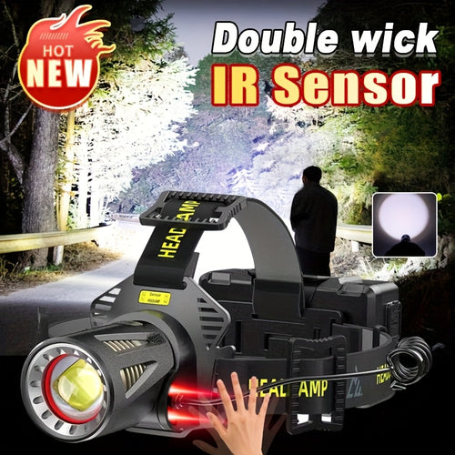 XHP360 Rechargeable Headlamp 3 Modes Sensor 90° Tilt Power Bank Type-C 3x18650 Zoomable Head Torch for Fishing Camping Hiking