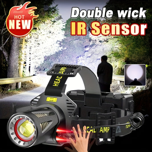 XHP360 Rechargeable Headlamp 3 Modes Sensor 90° Tilt Power Bank Type-C 3x18650 Zoomable Head Torch for Fishing Camping Hiking