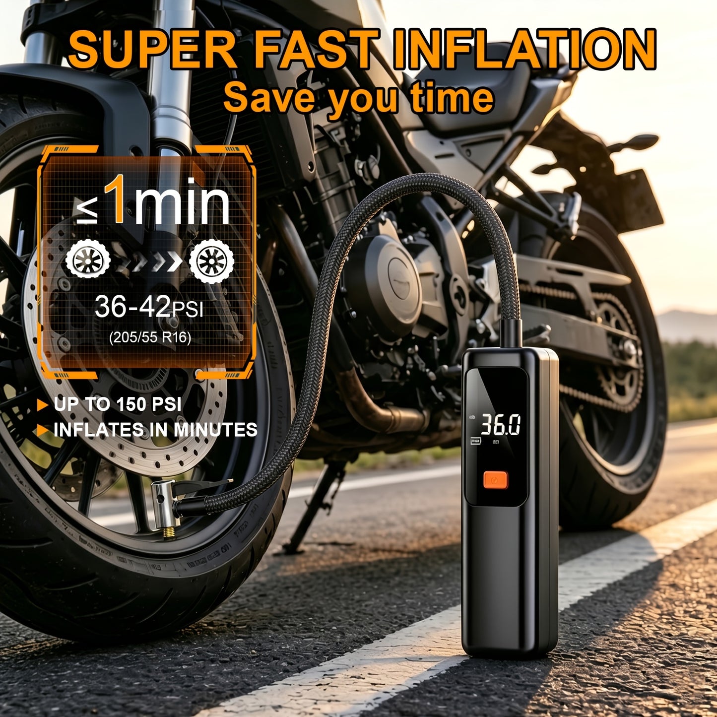 Electric Tire Inflator Portable Air Pump with Digital Pressure Display – Wireless Cordless Design, High-Power Fast Inflation, Auto Preset PSI, Multiple Nozzles for Car, Motorcycle, Bicycle, Basketball, Football & Volleyball
