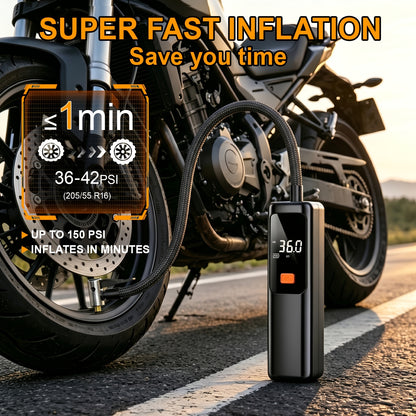 Electric Tire Inflator Portable Air Pump with Digital Pressure Display – Wireless Cordless Design, High-Power Fast Inflation, Auto Preset PSI, Multiple Nozzles for Car, Motorcycle, Bicycle, Basketball, Football & Volleyball