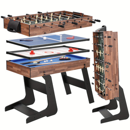 4-in-1 Multi-Game Table 54 Inch Foldable – Table Tennis, Air Hockey, Billiards & Foosball – Combo Game Table for Adults, Families & Game Rooms, Gray or Wood Grain