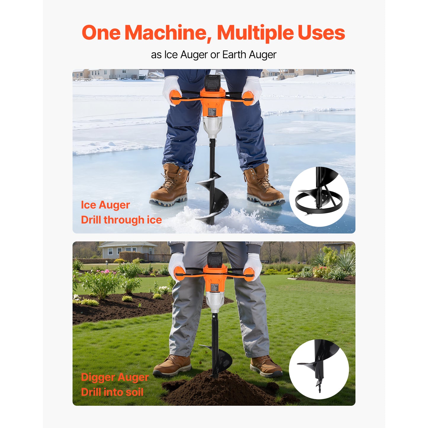 Electric Ice Auger 8 Inch 20V Cordless Brushless Motor, 2-in-1 Ice Fishing & Earth Auger with 4000mAh Battery, Turbo High-Speed Cutting, Cold-Resistant Steel Blades for Ice Fishing & Post Hole Digging