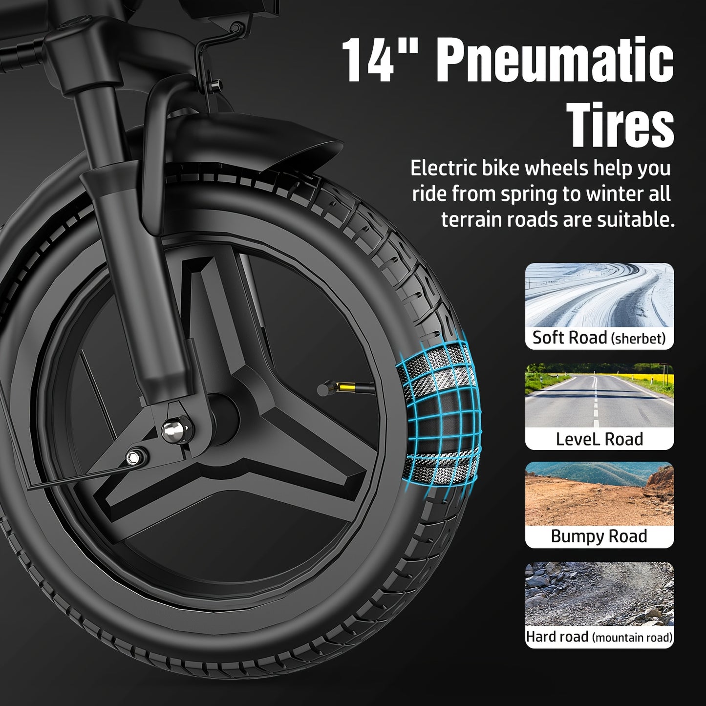 650W Electric Bicycle Folding 48V 10.5Ah Removable Battery, 14" Commuter E-Bike for Men & Women