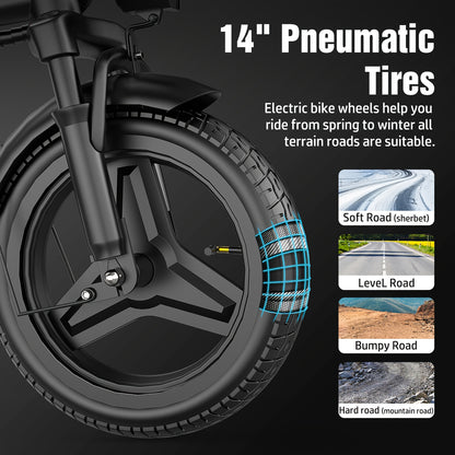 650W Electric Bicycle Folding 48V 10.5Ah Removable Battery, 14" Commuter E-Bike for Men & Women