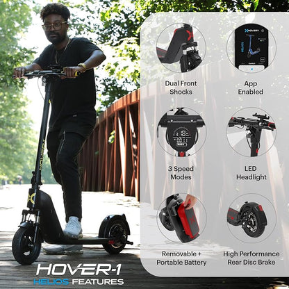 Hover-1 Helios 500W Electric Folding Scooter – 18 MPH Top Speed, 24-Mile Range, 10" Pneumatic Tires, Dual Front Suspension, Rear Disc Brakes, Removable Battery & Full LCD Display for Adults