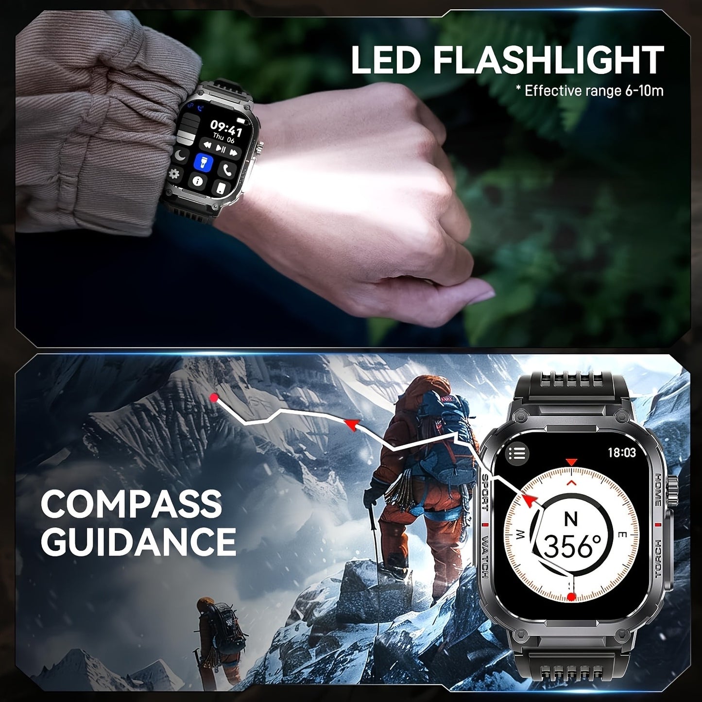 Smart Watch for Men with Call Function, IP68 Waterproof Outdoor Smartwatch 2.02" LED Flashlight, 400mAh Battery, Compass Pedometer Calorie Pressure Monitor Fitness Tracker for iPhone Android