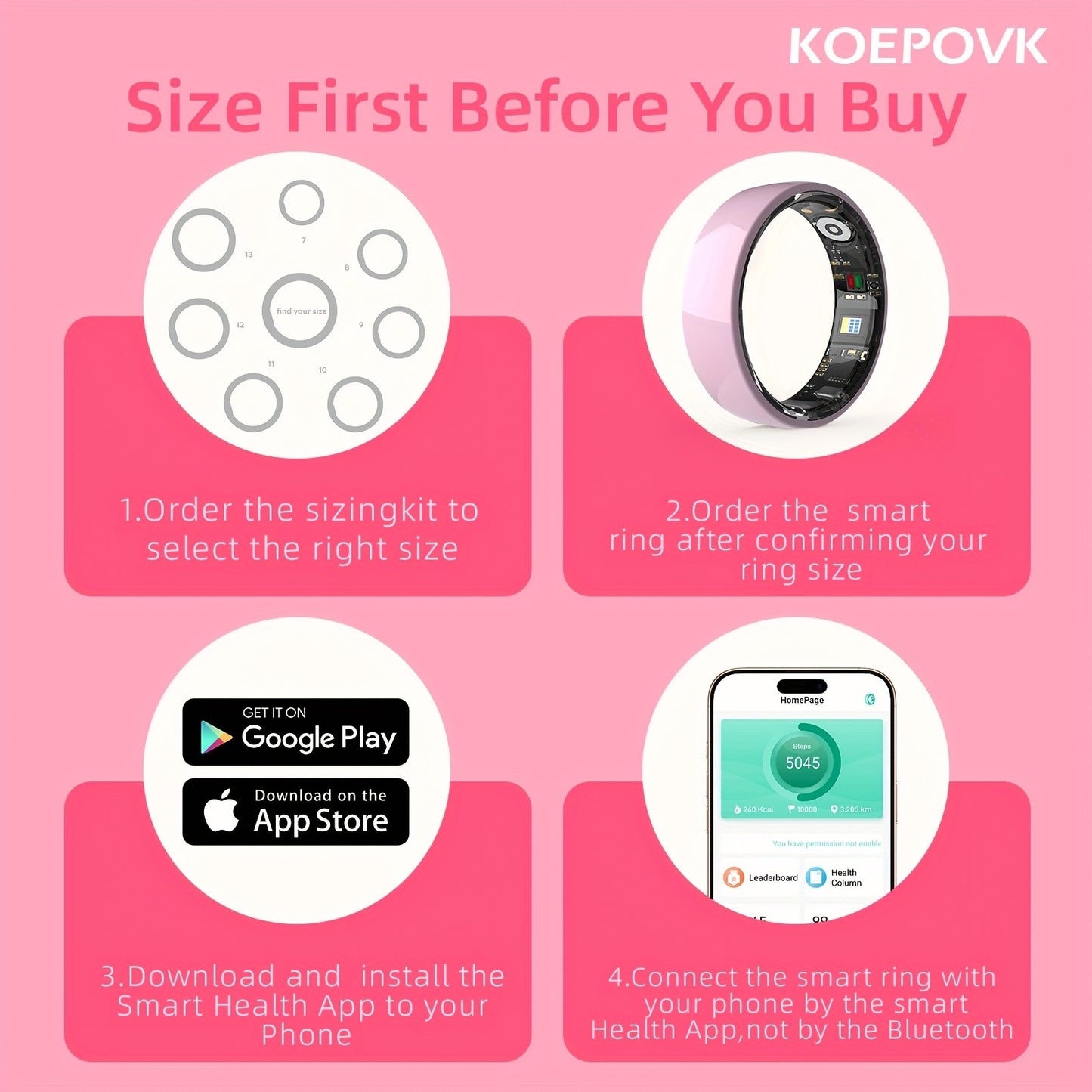 Fitness Tracker Smart Ring – IP68 Waterproof, Sleep & Step Monitor, Crystal Charging Case, Stainless Steel | Men & Women Sizes 7–13