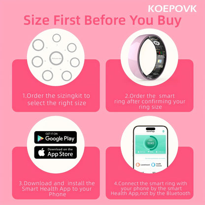 Fitness Tracker Smart Ring – IP68 Waterproof, Sleep & Step Monitor, Crystal Charging Case, Stainless Steel | Men & Women Sizes 7–13