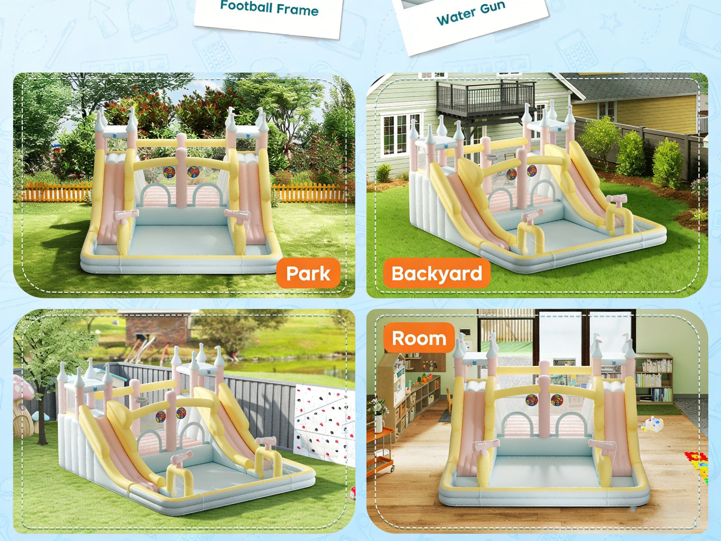 Inflatable Bounce House with Slide, Climbing Wall, Water Pool & Basketball Hoop – Large Outdoor Backyard Bouncer for Kids & Teens | 4 Sizes 10×7.8FT to 15×14.4FT | Wet or Dry Use | Macaron Colors